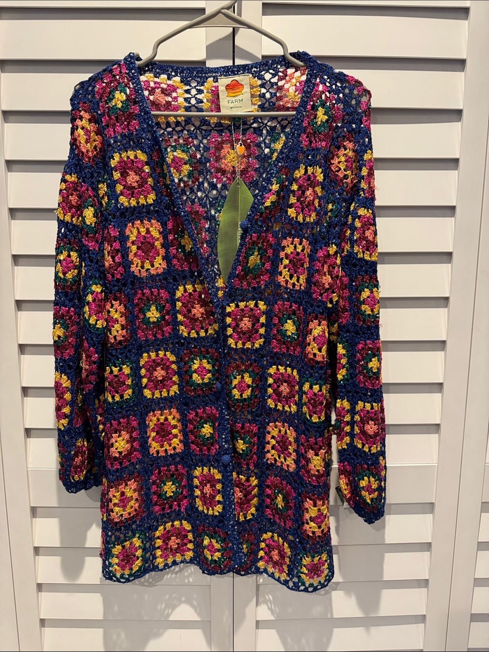 FARM Rio NWT Sequin Blue Multicolor Crochet Kimono Cardigan - Picture 2 of 10